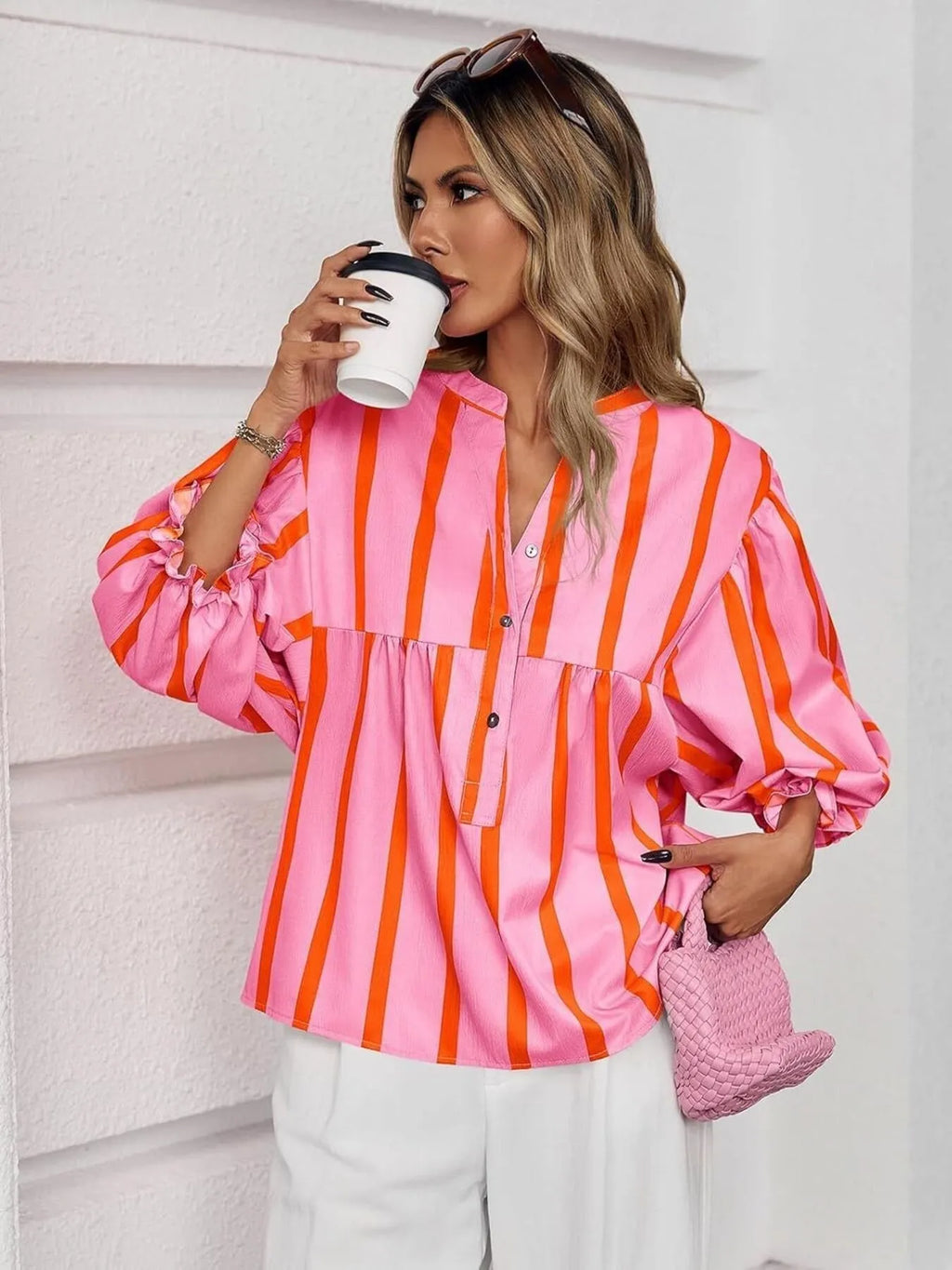 Striped Button Front Notched Blouse (15)