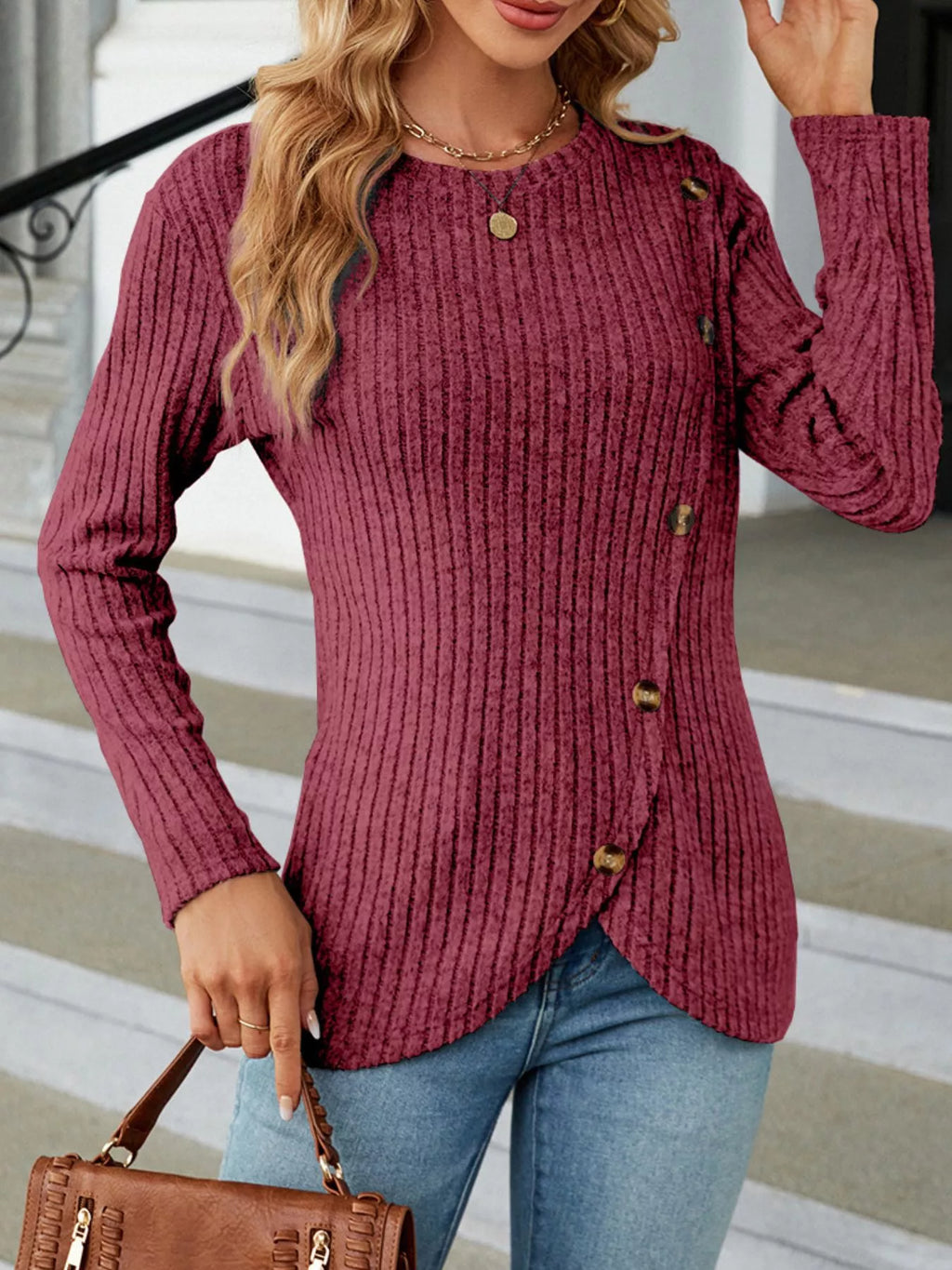 Ribbed Knit Decor Button T-shirt (11)