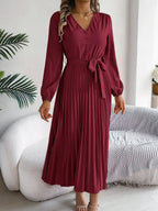 Pleated Tied V-neck Long Sleeve Dress (22)