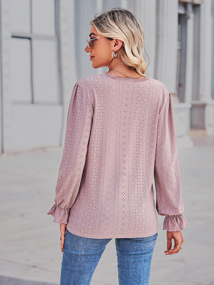 Eyelet V-neck Flounce Sleeve Blouse (9)