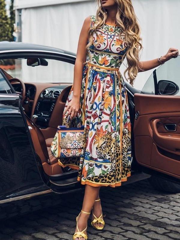 Sleeveless Midi Retro Print Dress photo 1