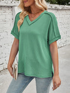 Cord Ribbed V-neck Short Sleeve T-shirt (20)