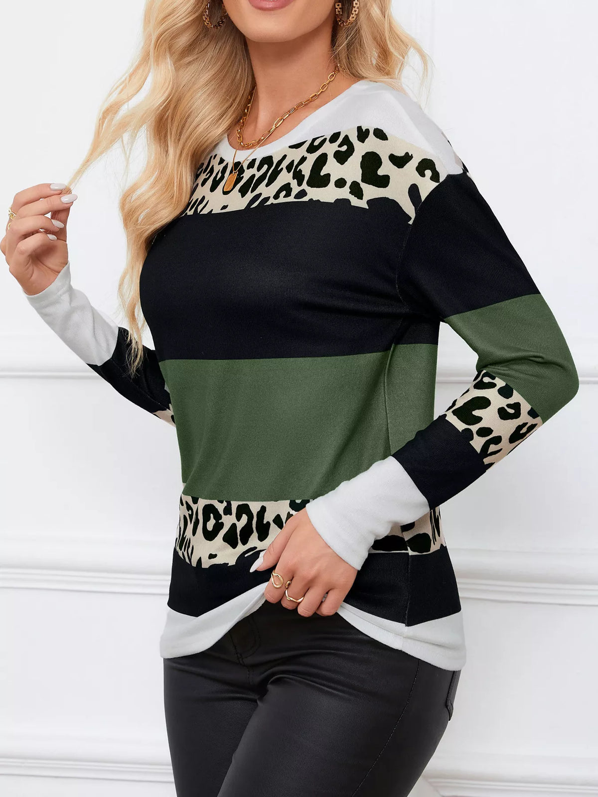 Leopard Block Striped Knit Top (10)