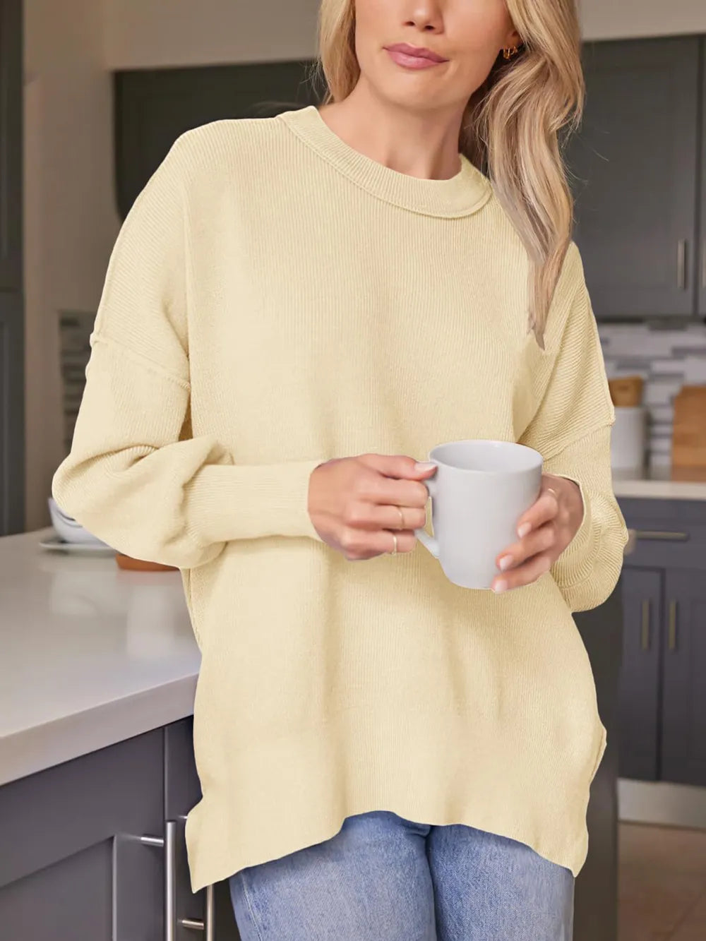 Slit Round Neck Dropped Shoulder Sweater (14)