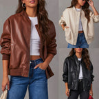 Leather Baseball Uniform Jacket Long-sleeved Motorcycle Coat photo 5