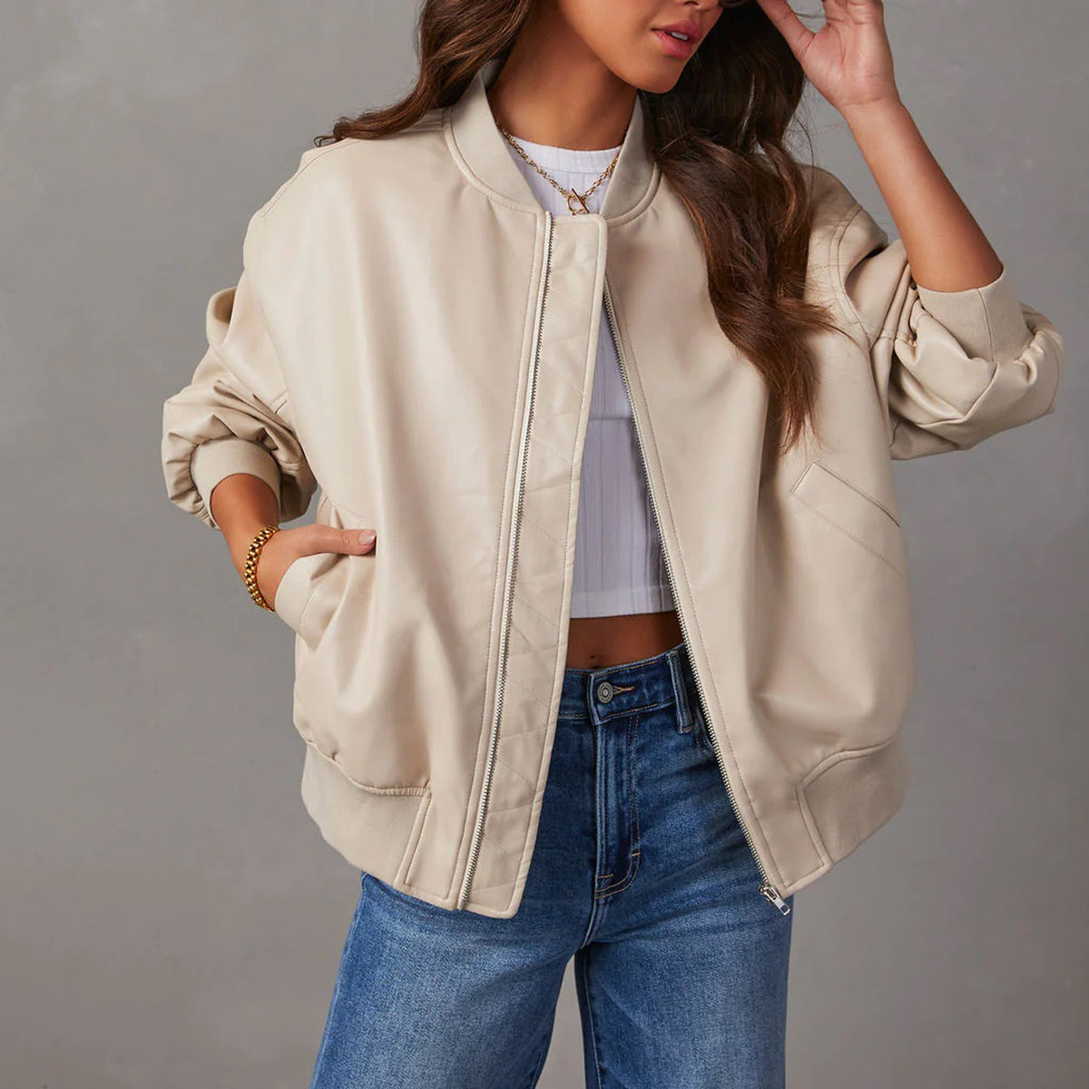 Leather Baseball Uniform Jacket Long-sleeved Motorcycle Coat photo 6
