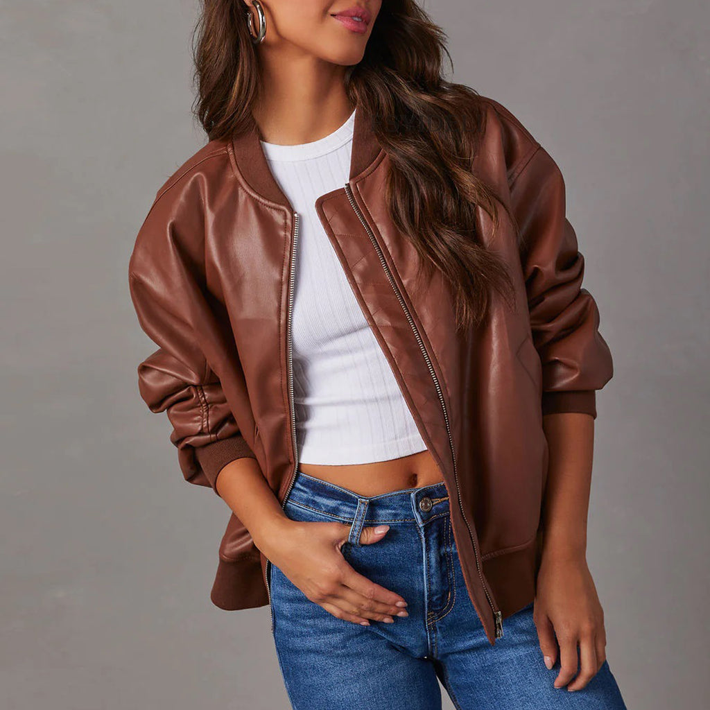 Leather Baseball Uniform Jacket Long-sleeved Motorcycle Coat photo 1