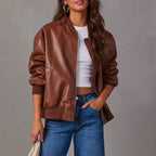 Leather Baseball Uniform Jacket Long-sleeved Motorcycle Coat photo 10