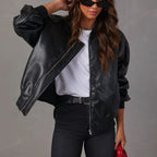 Leather Baseball Uniform Jacket Long-sleeved Motorcycle Coat photo 2