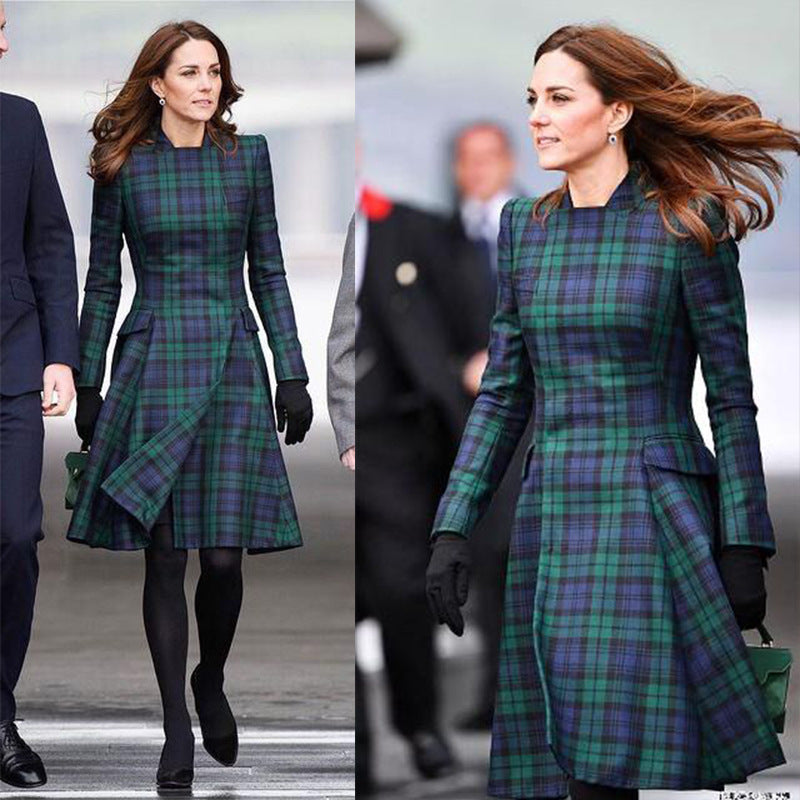 French Lapel Long Sleeve Plaid Waist Tight Large Swing Dress photo 18