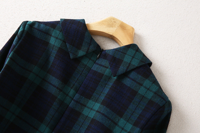 French Lapel Long Sleeve Plaid Waist Tight Large Swing Dress photo 7