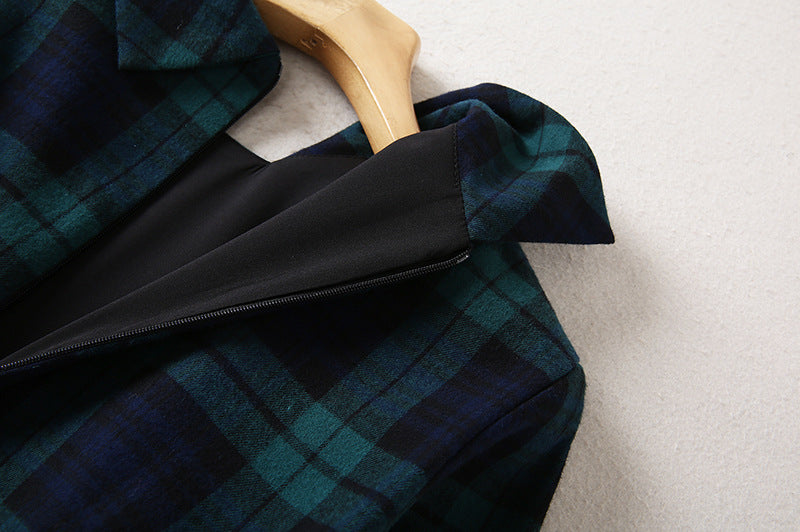 French Lapel Long Sleeve Plaid Waist Tight Large Swing Dress photo 8