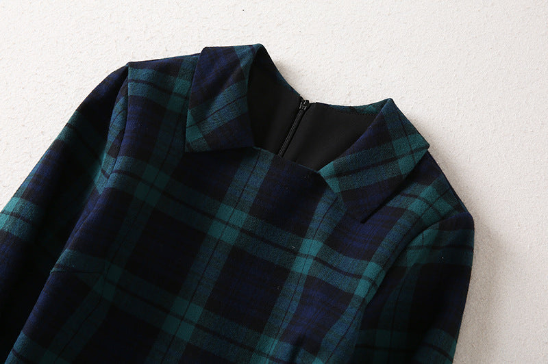 French Lapel Long Sleeve Plaid Waist Tight Large Swing Dress photo 9