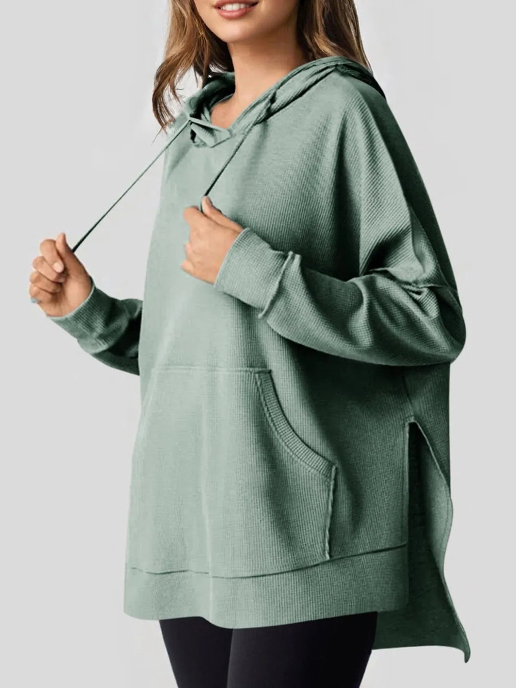 Slit Drawstring Waffle Knit Hoodie (13)