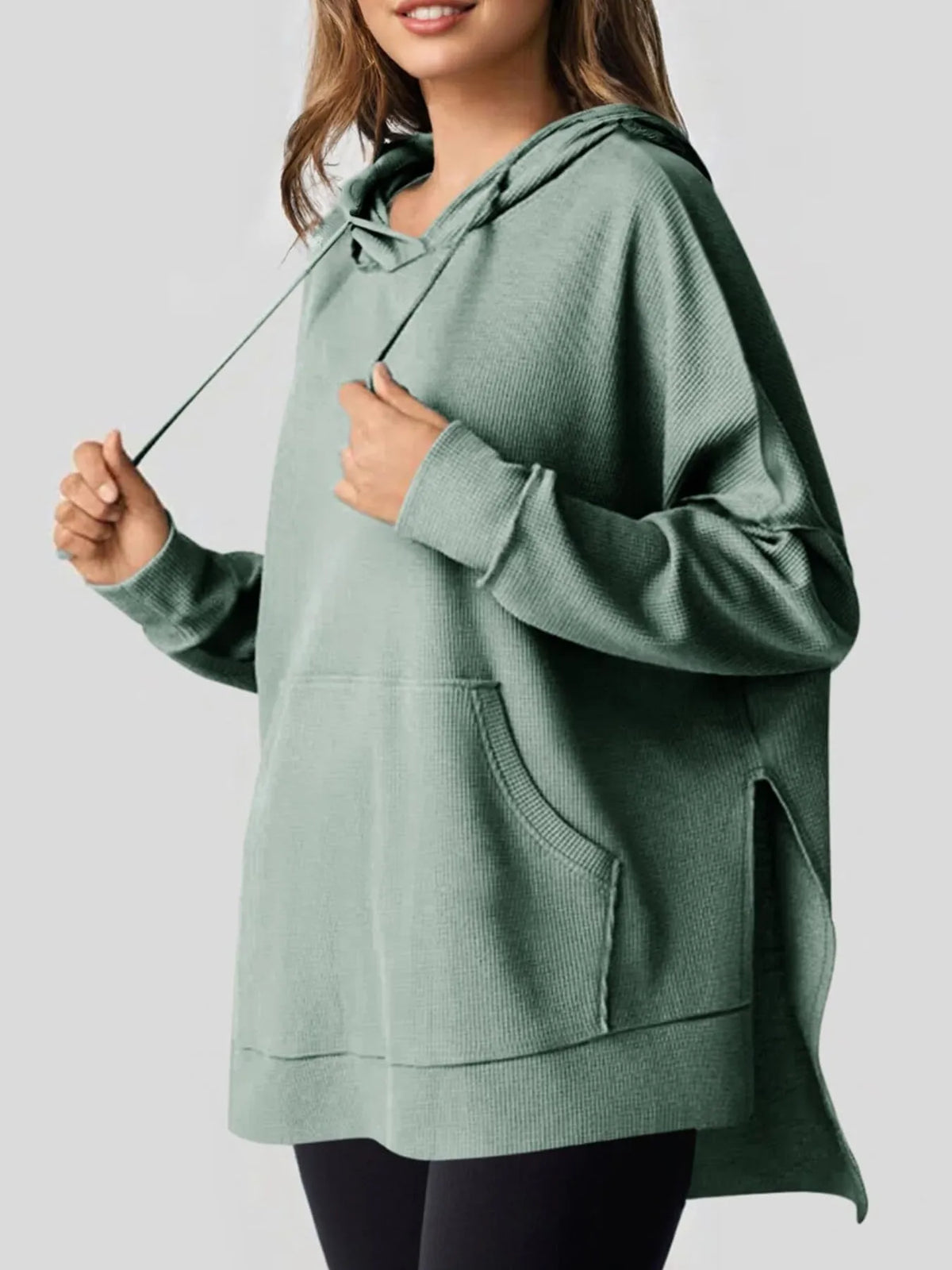 Slit Drawstring Waffle Knit Hoodie (13)