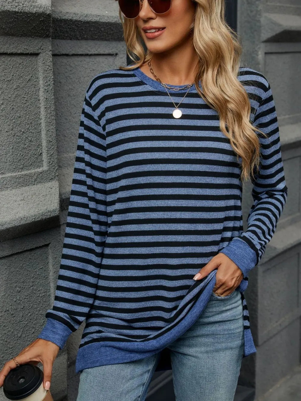 Striped Round Neck Long Sleeve T-shirt (6)