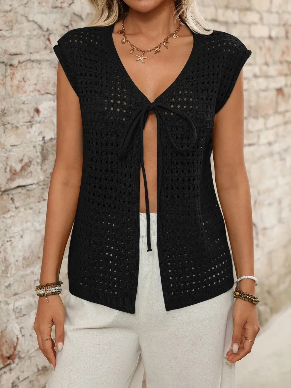 Tied Front Openwork V-neck Knit Top (14)