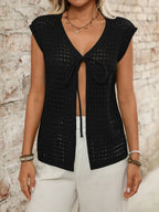 Tied Front Openwork V-neck Knit Top (14)