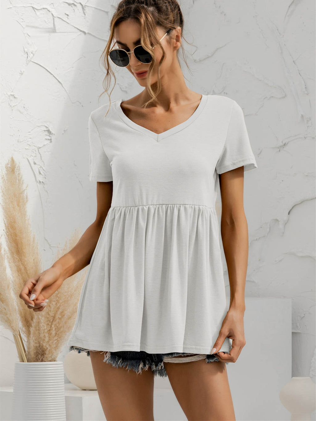 V-neck Short Sleeve Babydoll Top (6)