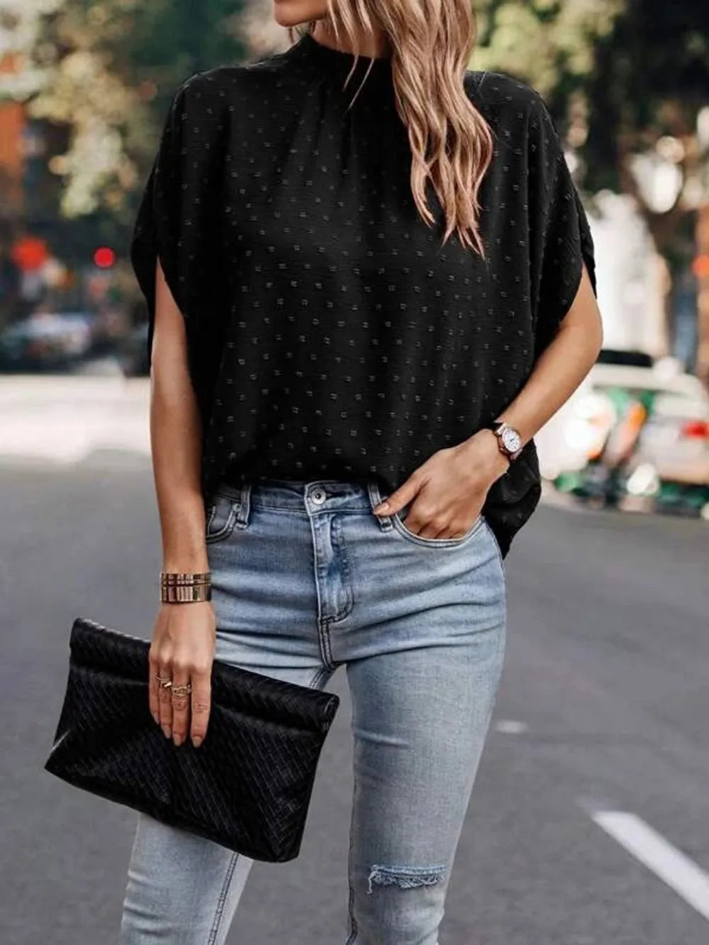 Swiss Dot Mock Neck Half Sleeve Blouse (21)