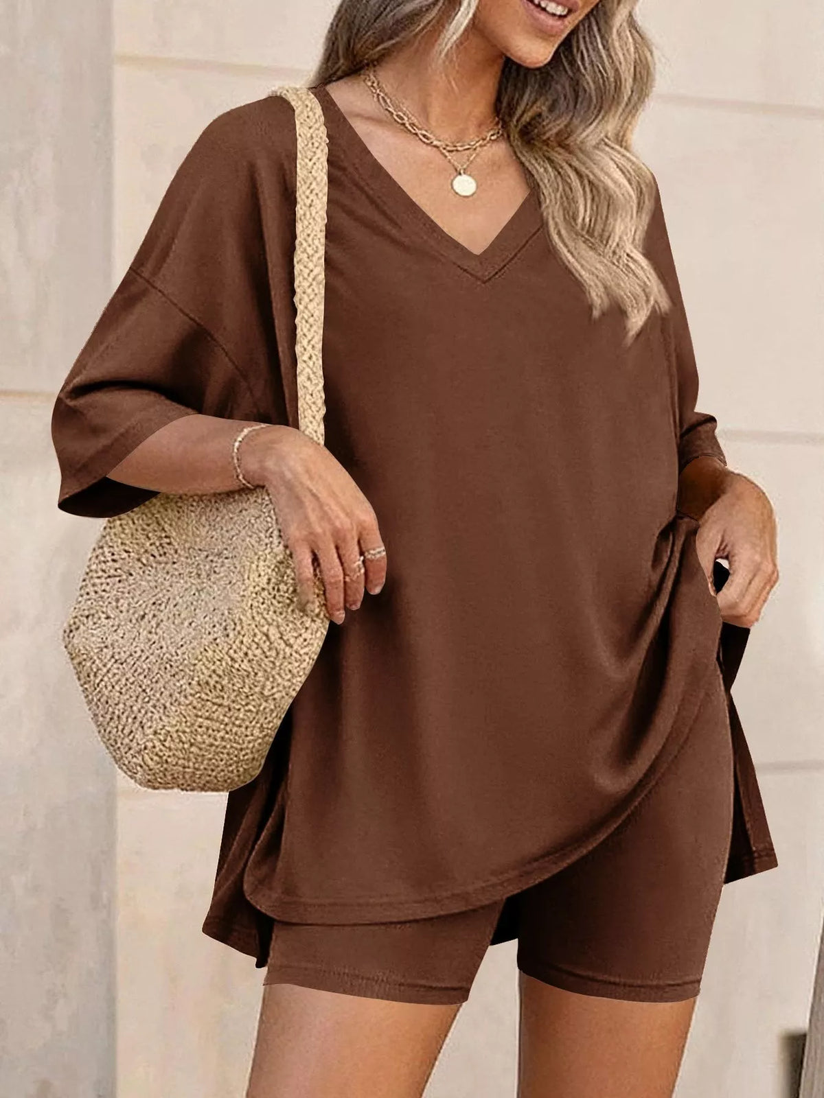 Full Size Casual Loose V-neck T-shirt Shorts Set Plus (15)