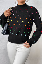 Pom-pom Trim Mock Neck Long Sleeve Pullover Sweater (11)
