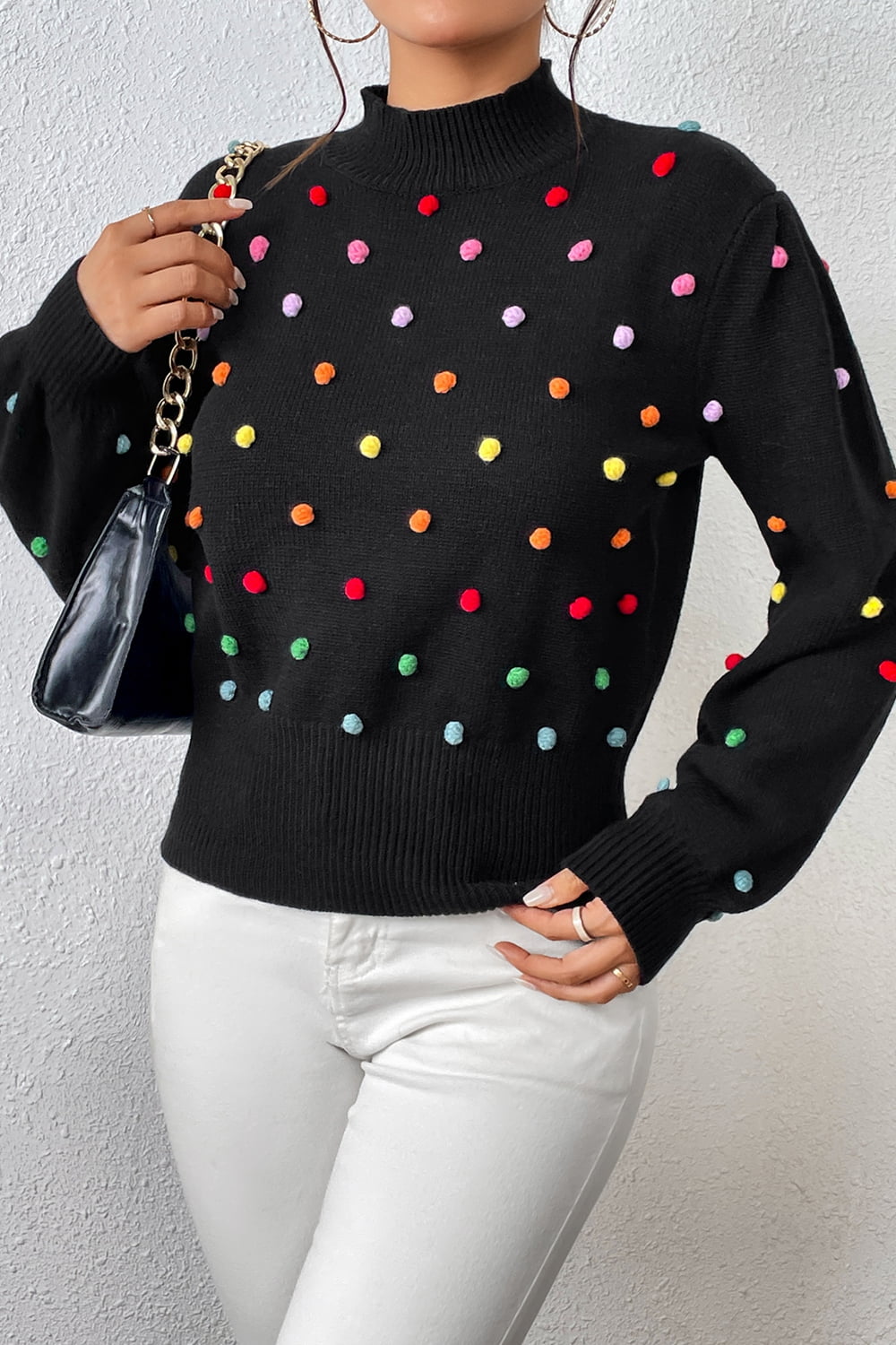 Pom-pom Trim Mock Neck Long Sleeve Pullover Sweater (11)