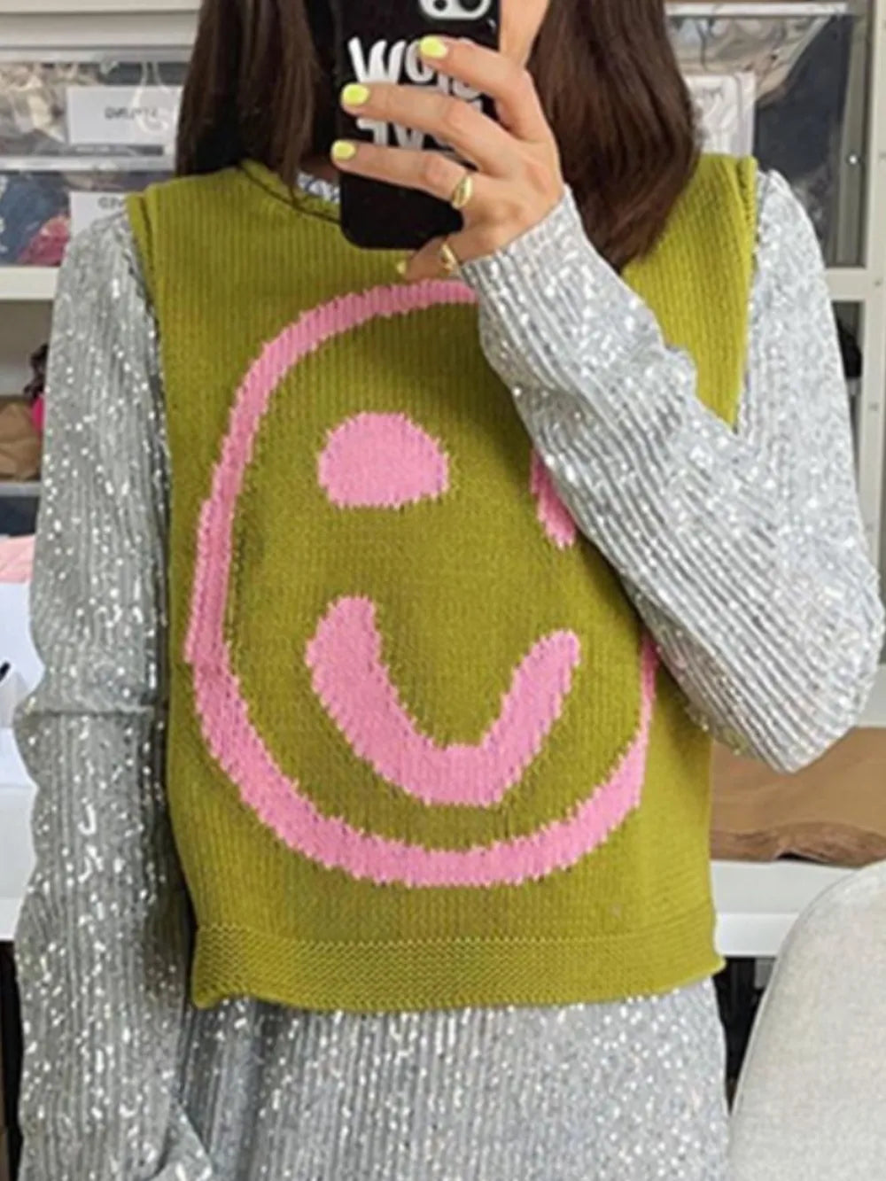 Smiley Round Neck Sweater Vest (15)