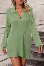 Collared Neck Long Sleeve Sweater Dress Pockets (5)