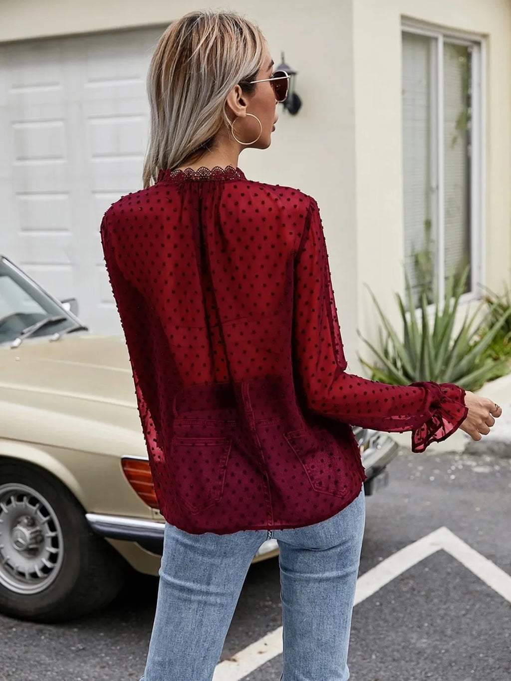 Lace Detail V-neck Swiss Dot Blouse (11)