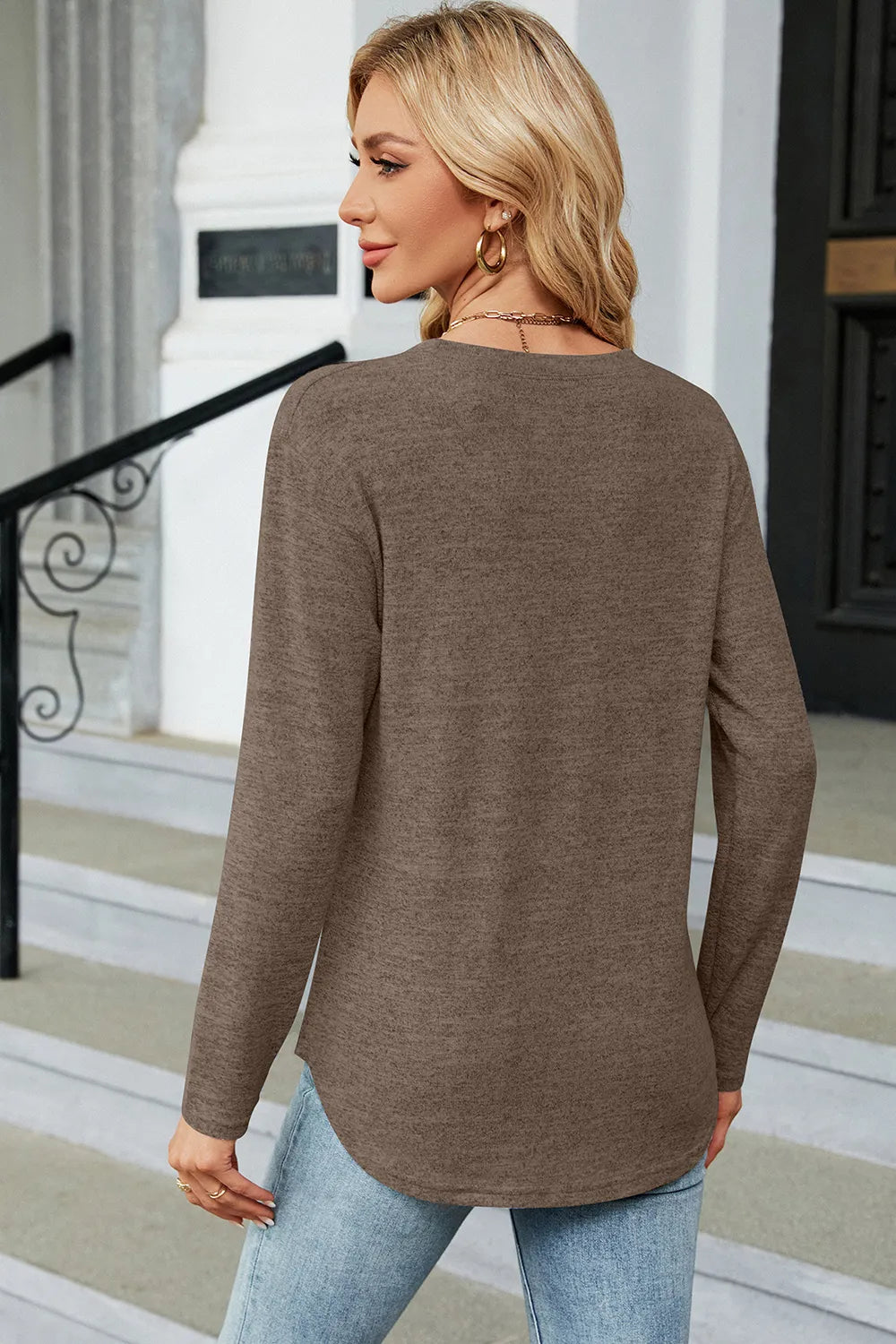 Decorative Button Round Neck T-shirt (9)
