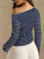 Off-shoulder Striped Ribbed Long Sleeve T-shirt (21)