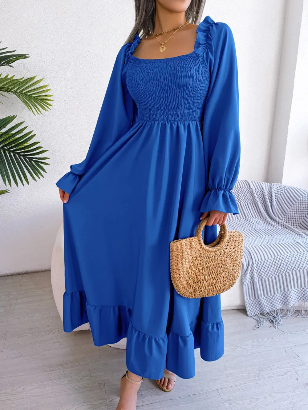 Smocked Square Neck Flounce Sleeve Dress (28)