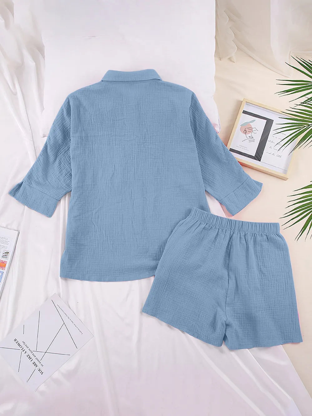 Texture Button Up Shirt Shorts Set (24)