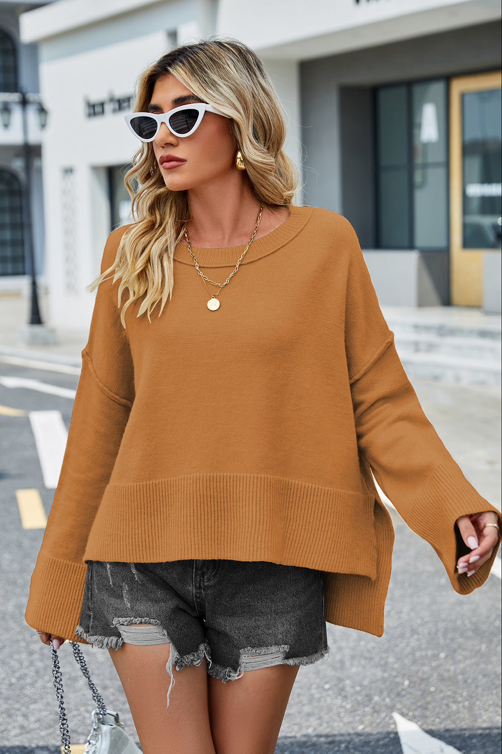 Round Neck Dropped Shoulder Slit Sweater (10)
