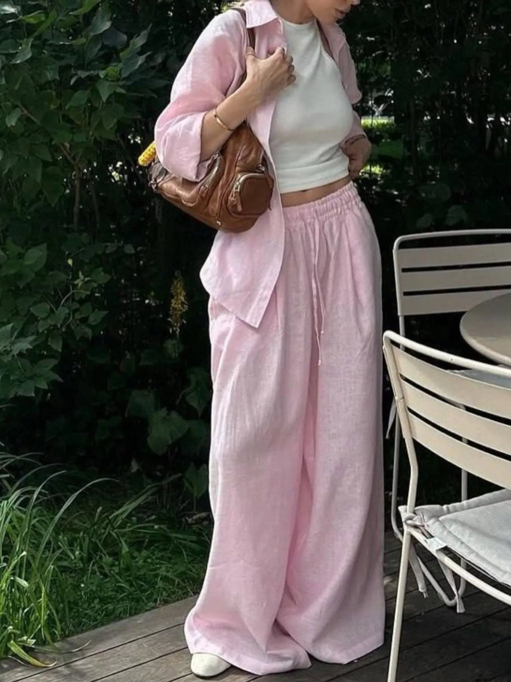 Button Up Shirt Drawstring Pants Set (10)
