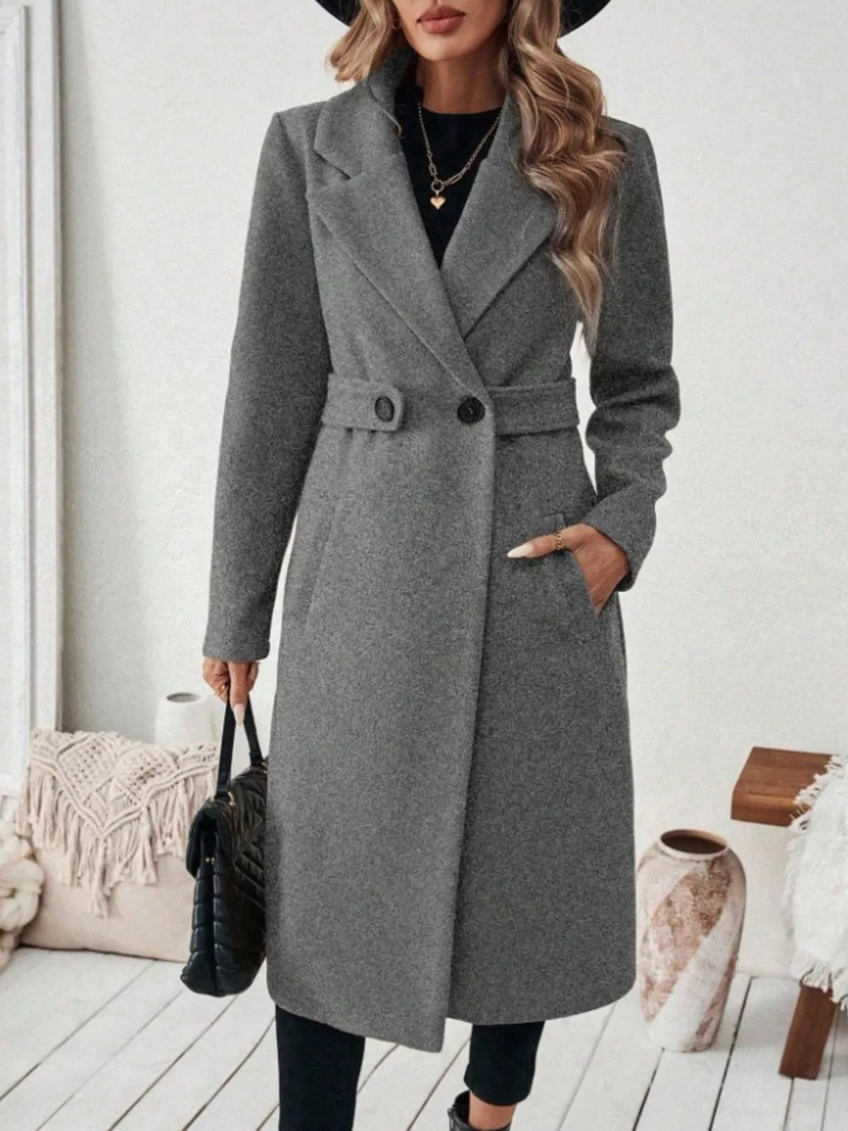 Full Size Elegant Lapel Collar Belted Coat Pockets Plus