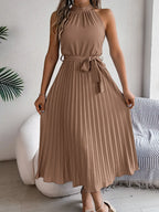 Grecian Neck Tie Waist Pleated Dress (16)