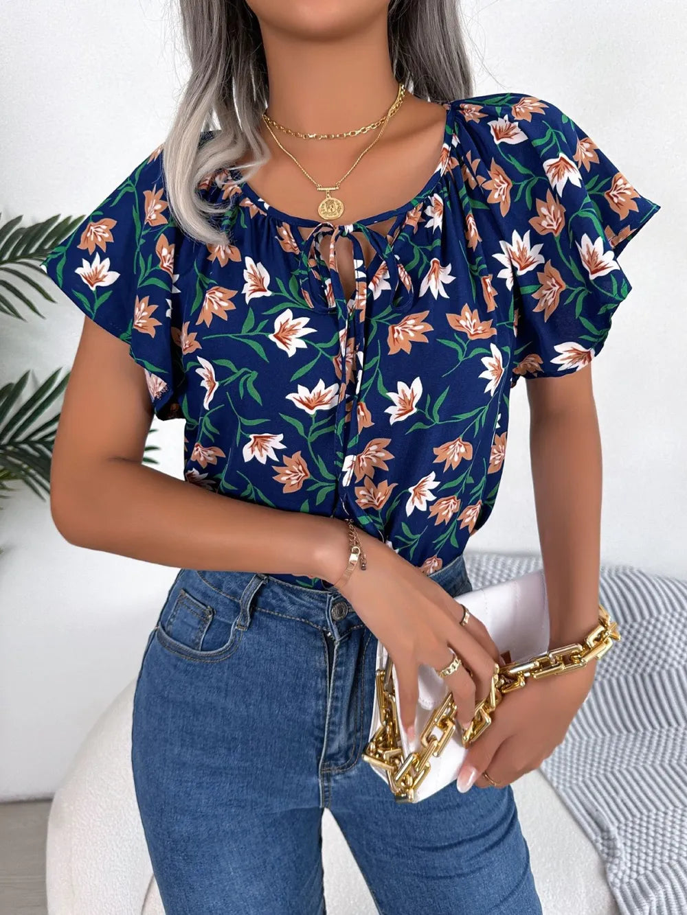 Floral Tie Neck Flutter Sleeve Blouse (9)