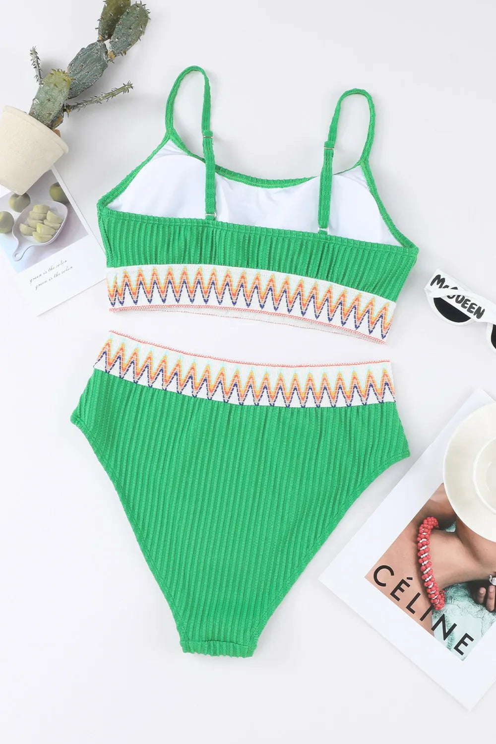 Textured Contrast Banding Bikini High Waist 2pcs Swimsuit (7)