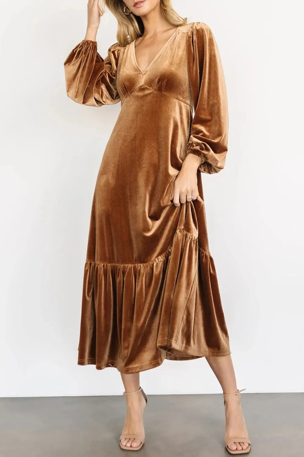V-neck Long Sleeve Midi Velvet Dress (8)