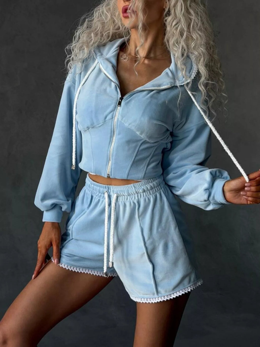 Zip Up Hooded Outerwear Shorts Set (2)