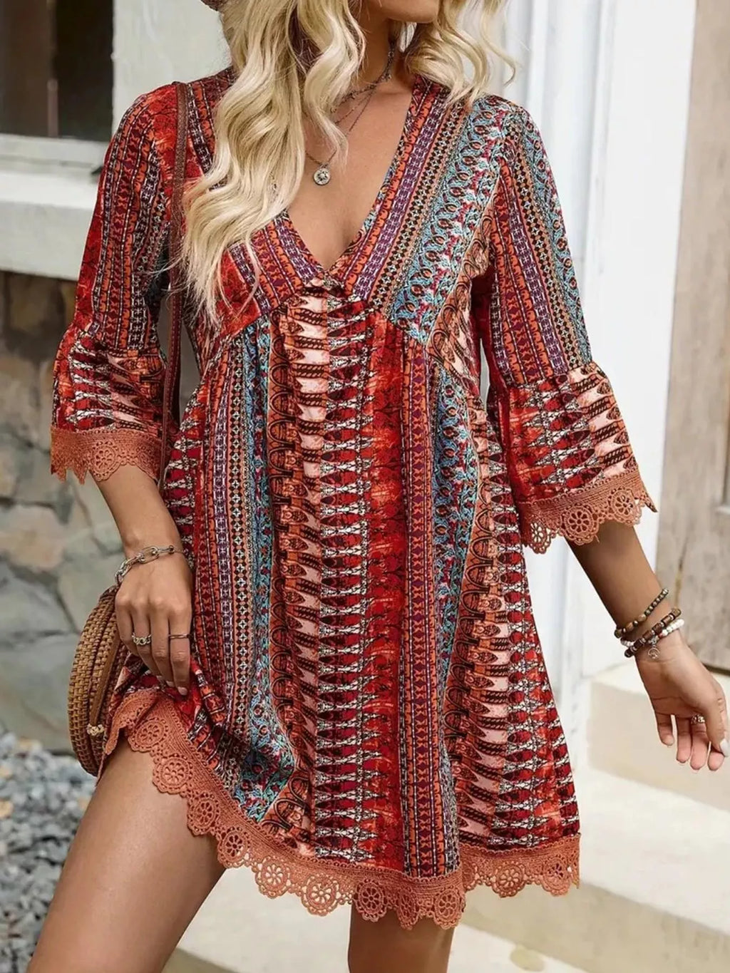 Printed V-neck A-line Dress (6)
