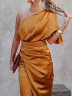 One-shoulder Satin Wrap Dress Side Slit (10)