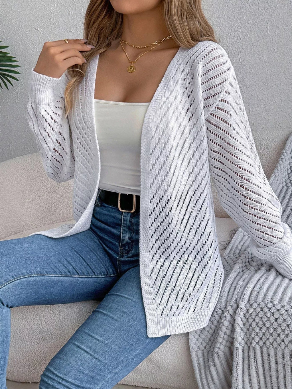 Openwork Open-front Long Sleeve Cardigan (4)
