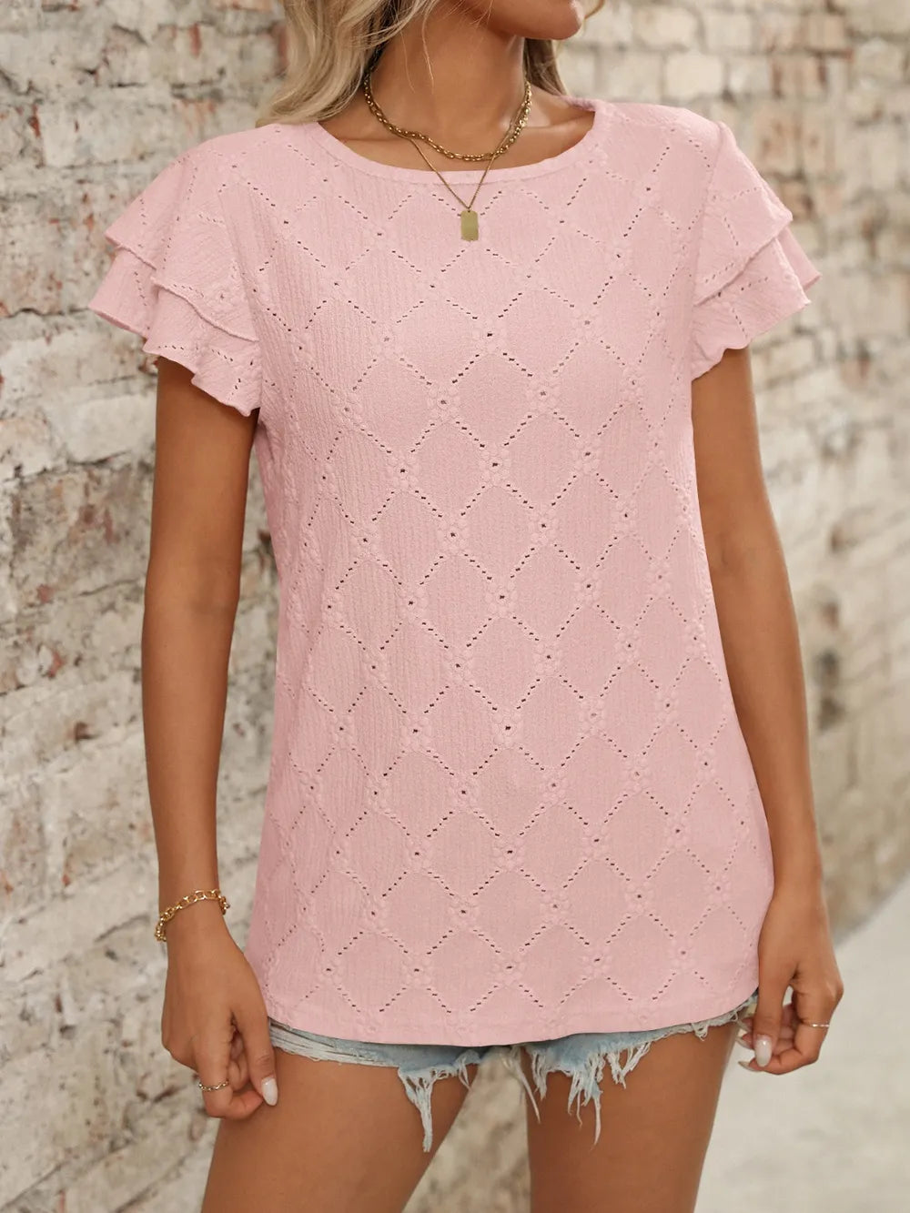 Eyelet Round Neck Double Layered Ruffled Short Sleeve Top (10)