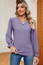 Eyelet V-neck Flounce Sleeve T-shirt