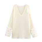 Casual V-neck Cuff Furry Knitted Dress variant CJJK256935902BY|CJJK256935903CX|CJJK256935904DW