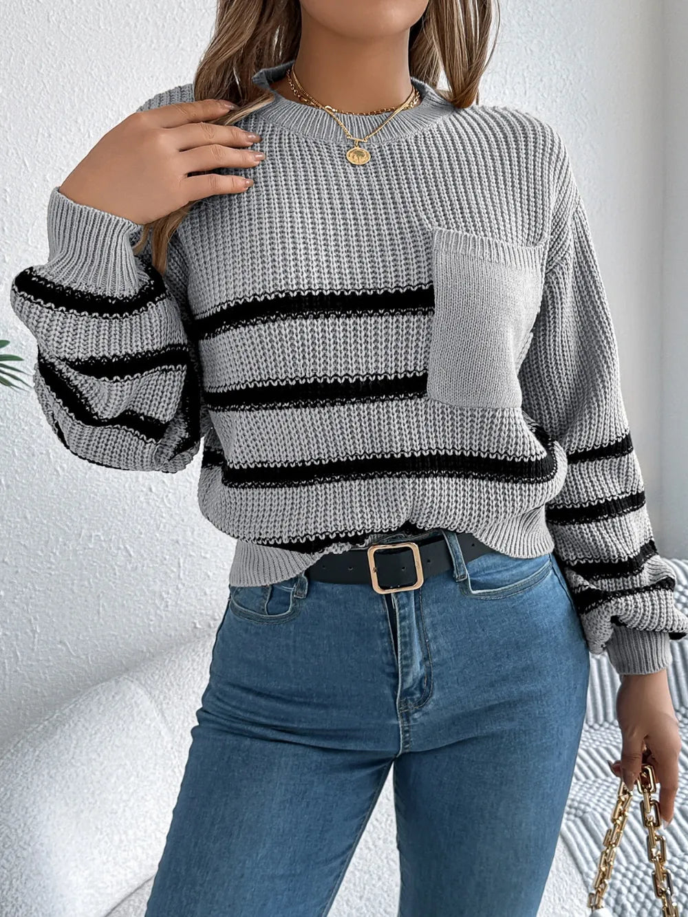 Striped Round Neck Long Sleeve Sweater (12)