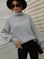 High Neck Balloon Sleeve Rib-knit Pullover Sweater (17)